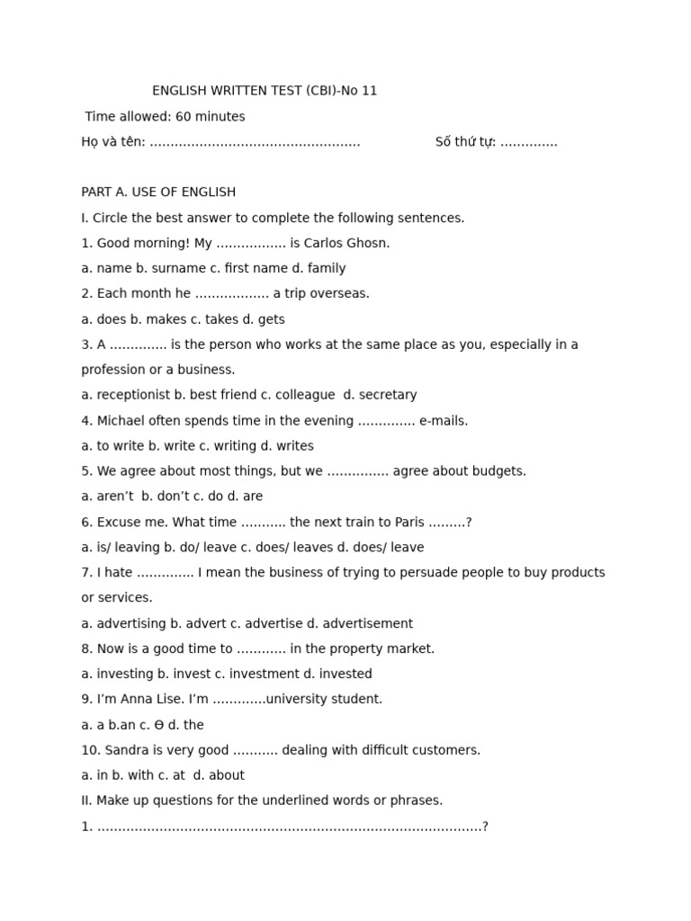 English Written Test Pdf