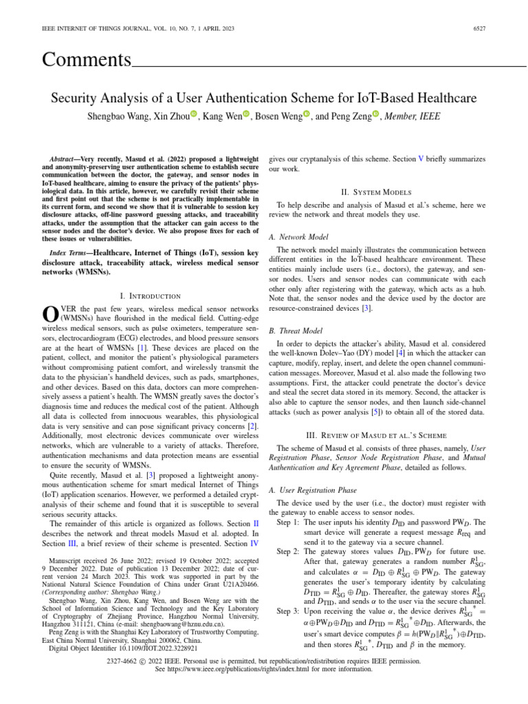Security analysis of a user authentication scheme for iot based