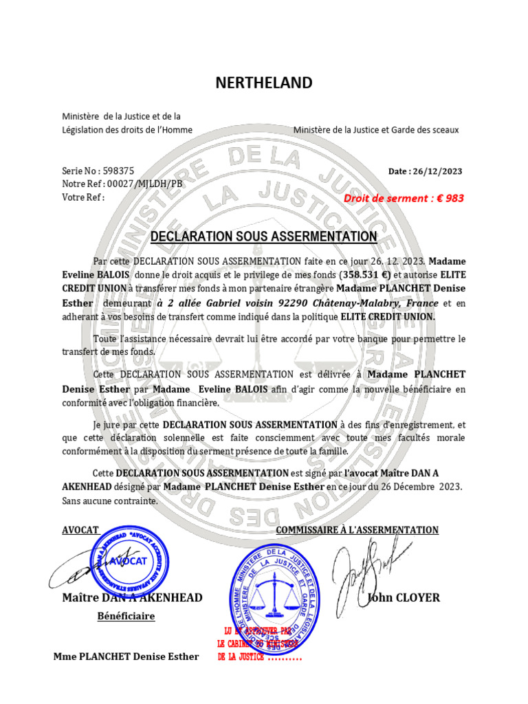 DECLARATION SOUS ASSERMENTATION PLANCHET Denise Esther | PDF