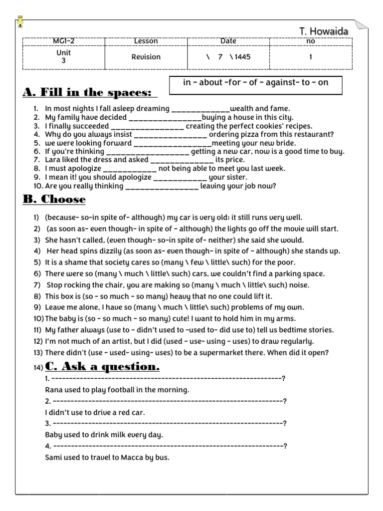 A. Fill in The Spaces:: in About - For of Against-To On | PDF