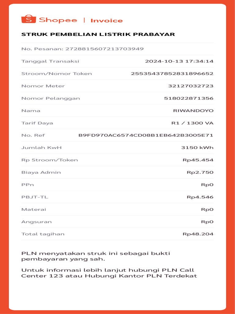 Invoice: Struk Pembelian Listrik Prabayar | PDF