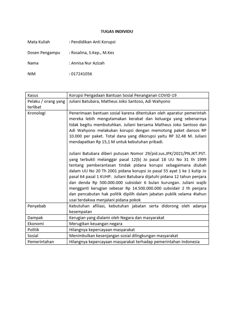 Kasus Korupsi Individu Annisa Nur Azizah 017121056 Pdf