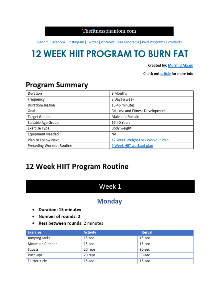 12 Week HIIT Program For Fat Loss | PDF