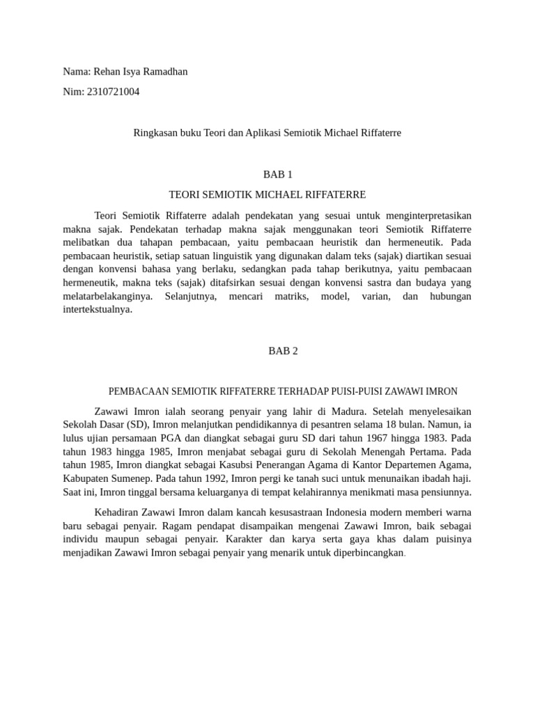 Ringkasan Buku Teori Dan Aplikasi Semiotik Michael Riffaterre Rehan ...