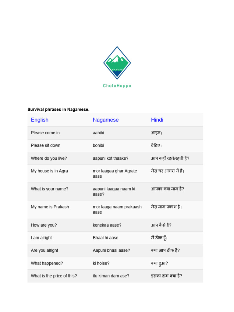 Survival Phrases in Nagamese | PDF