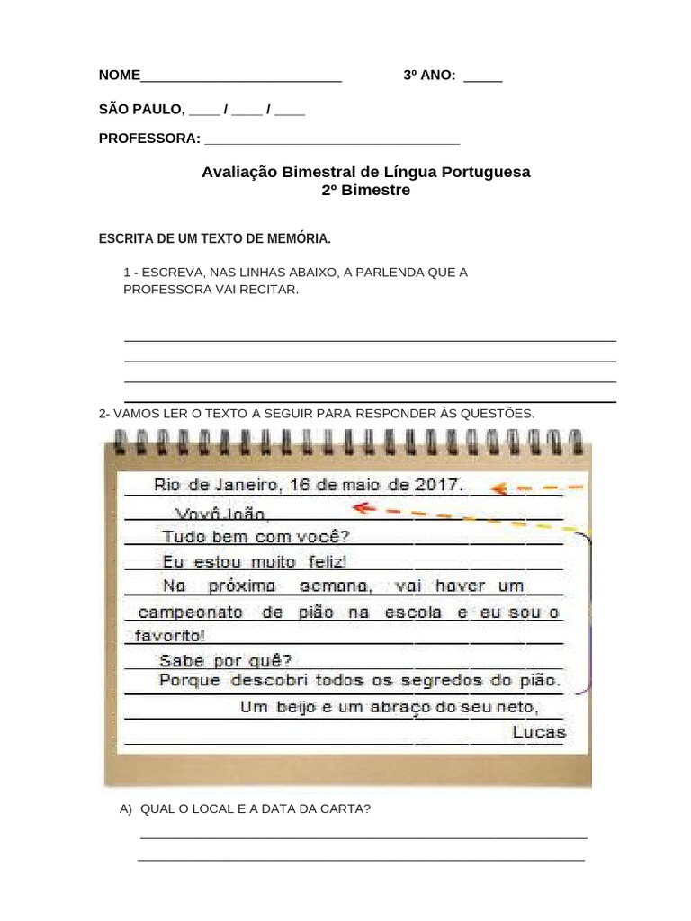 Avaliação Bimestral de Língua Portuguesa 3 Ano Saraiva | PDF
