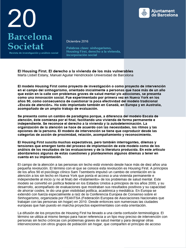 El Housing First. El Derecho A La Vivienda de Los Más Vulnerables | PDF