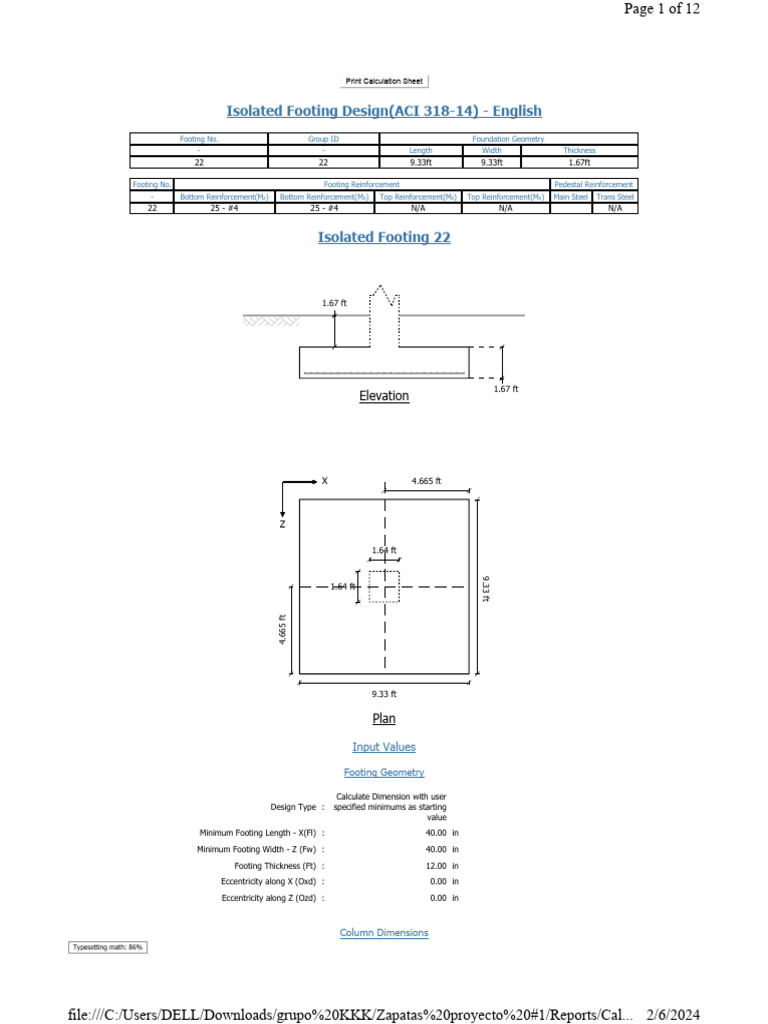 Isolated Footing Design (ACI 318-14) - English: Elevation | PDF