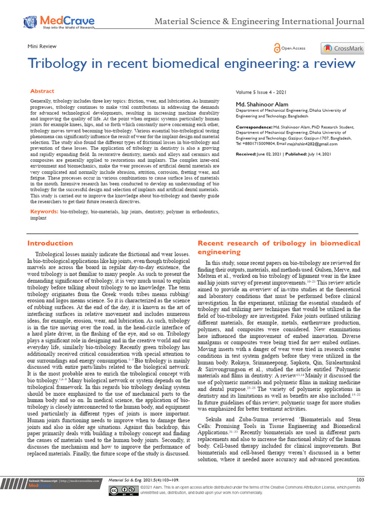 Tribology in Recent Biomedical Engineering A Revie | PDF
