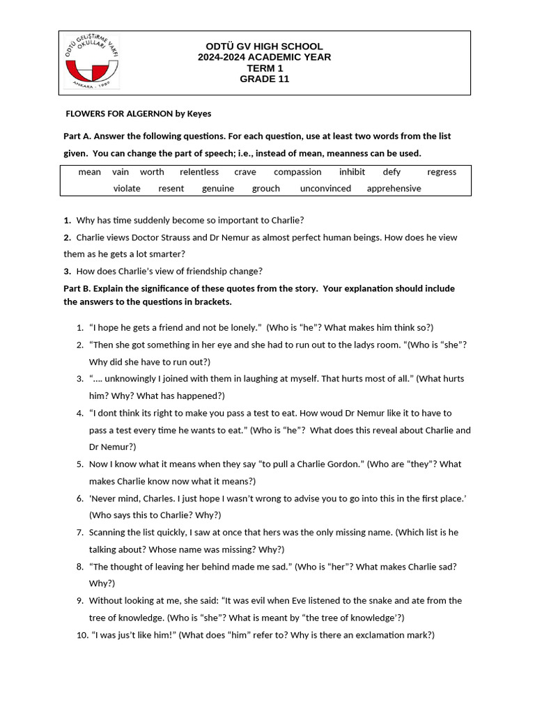 Flowers For AlgernonPractice PDF