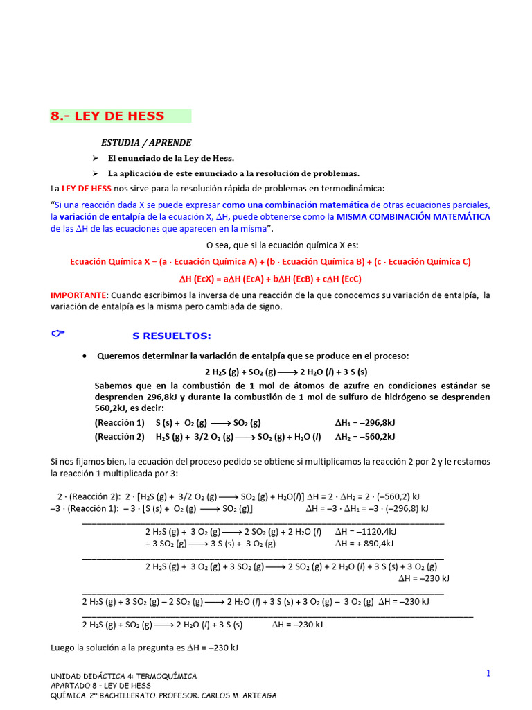 Ley de Hess en Termoquímica 2º Bachillerato | PDF | Entalpía | Ciencia ...