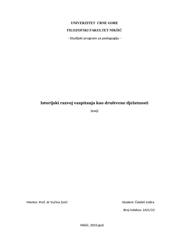 Istorijski Razvoj Vaspitanja | PDF
