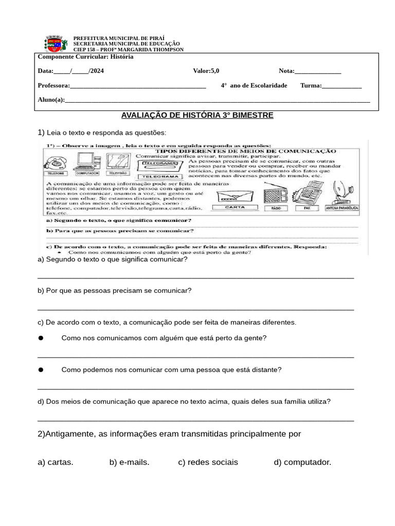 Avaliação de História 4 Ano | PDF