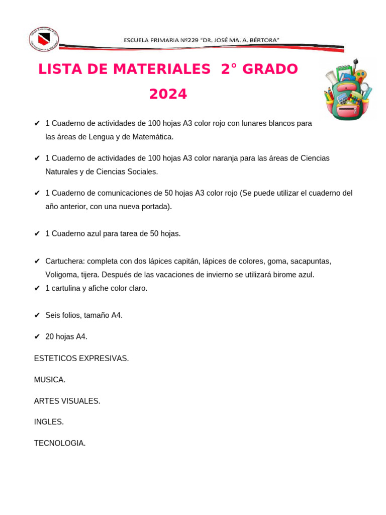3° Grado LISTA DE MATERIALES 2024 | PDF