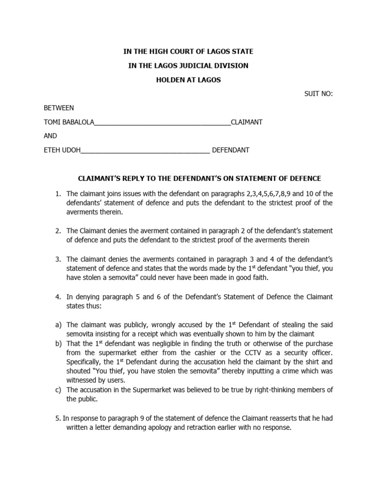 REPLY TO THE STATEMENT OF DEFENCE Edit | PDF