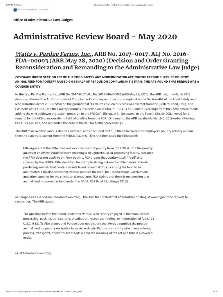 Administrative Review Board - May 2020 - U.S. Department of Labor | PDF