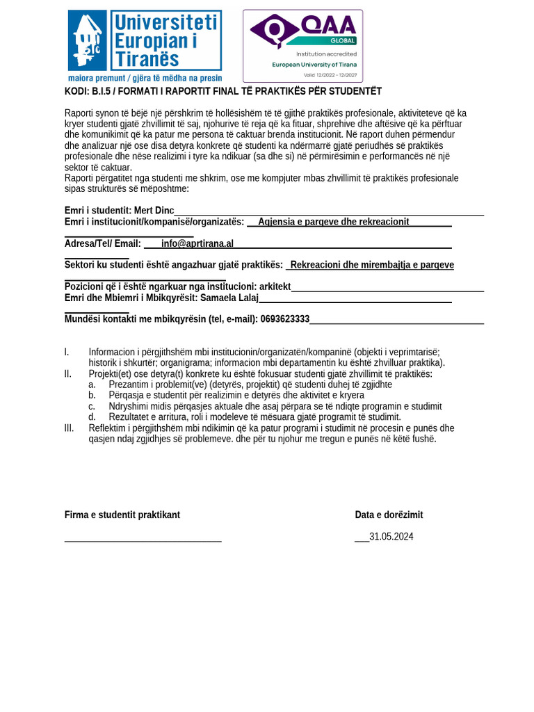 bbbB-I-5 Format I Raportit Final Te Praktikes (Per Studentet) | PDF