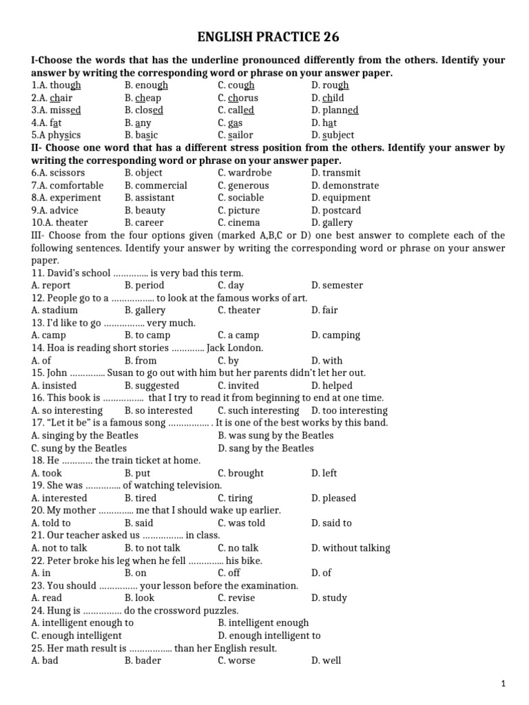 English Practice 26 - 27 | PDF