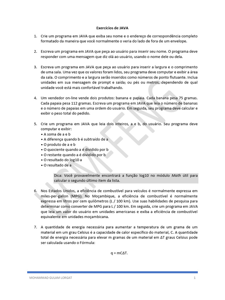 Exercicios de Java I | PDF