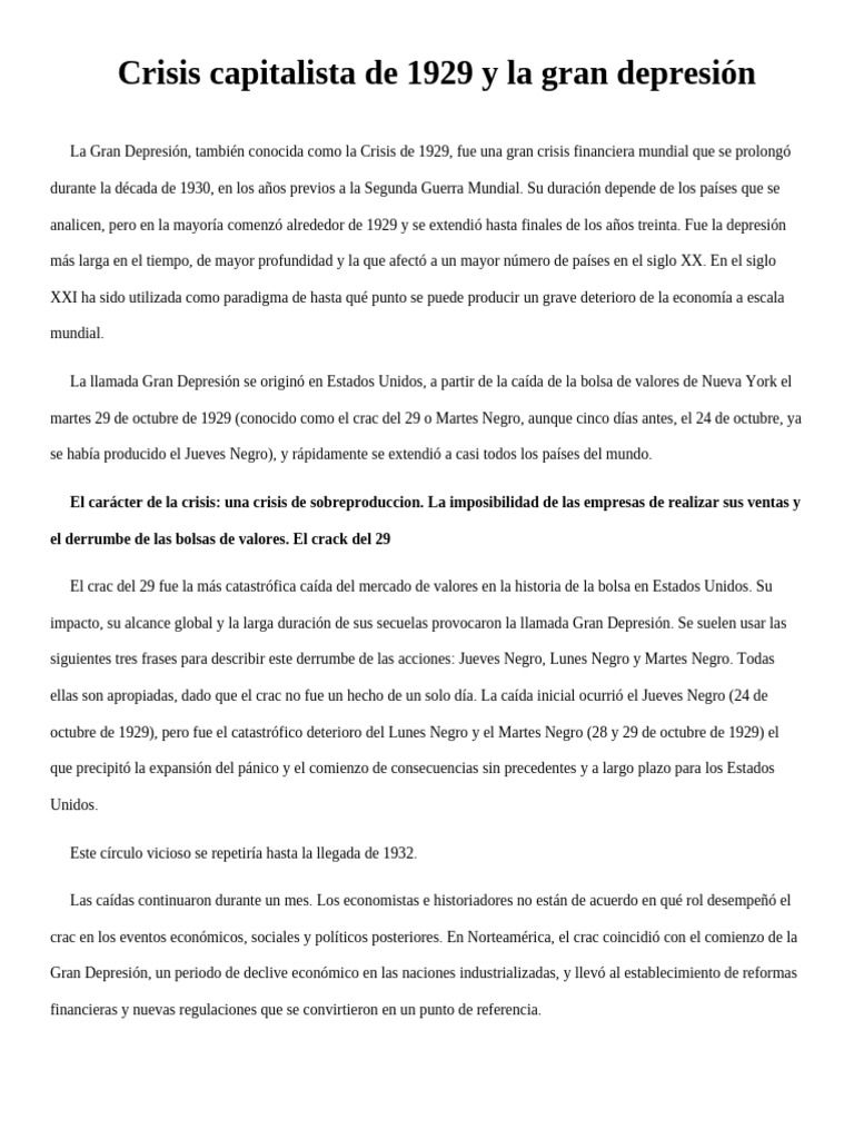 Crisis Capitalista de 1929 y La Gran Depresión | PDF
