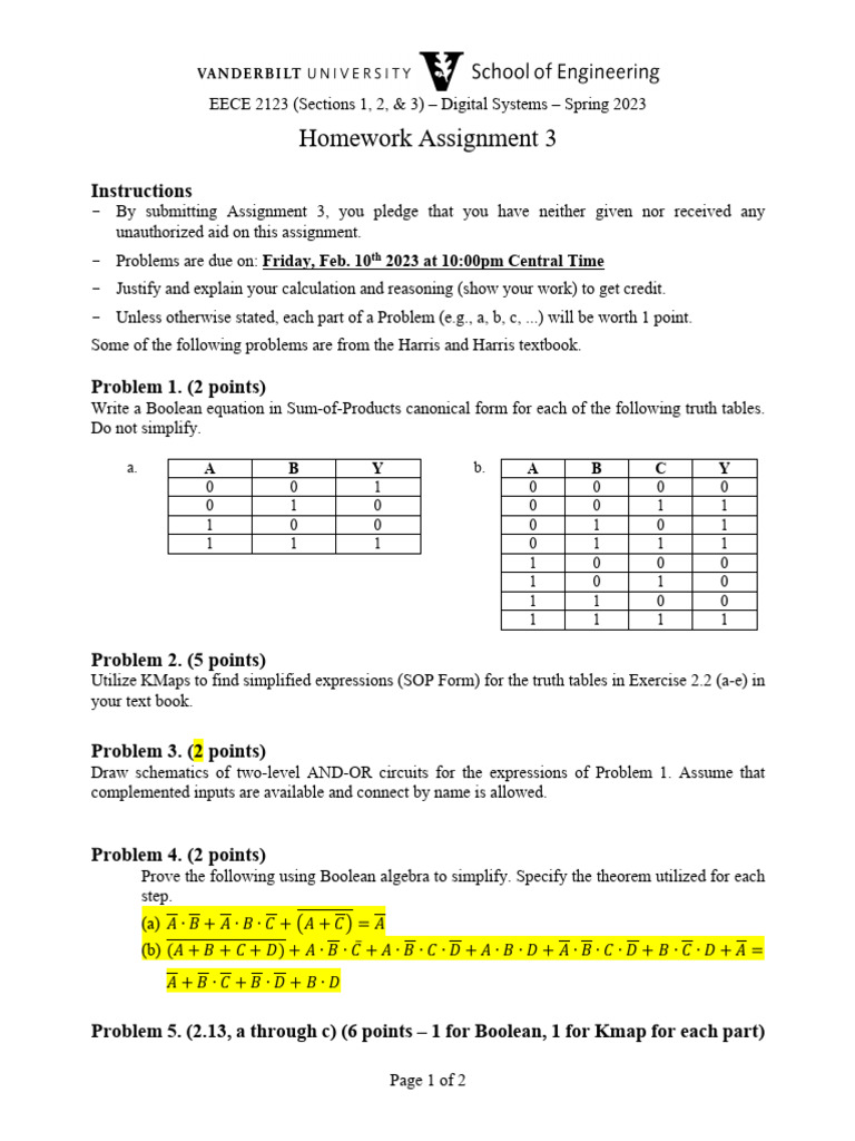 EECE 2123 Digital Systems Homework 3 | PDF | Logic | Mathematics