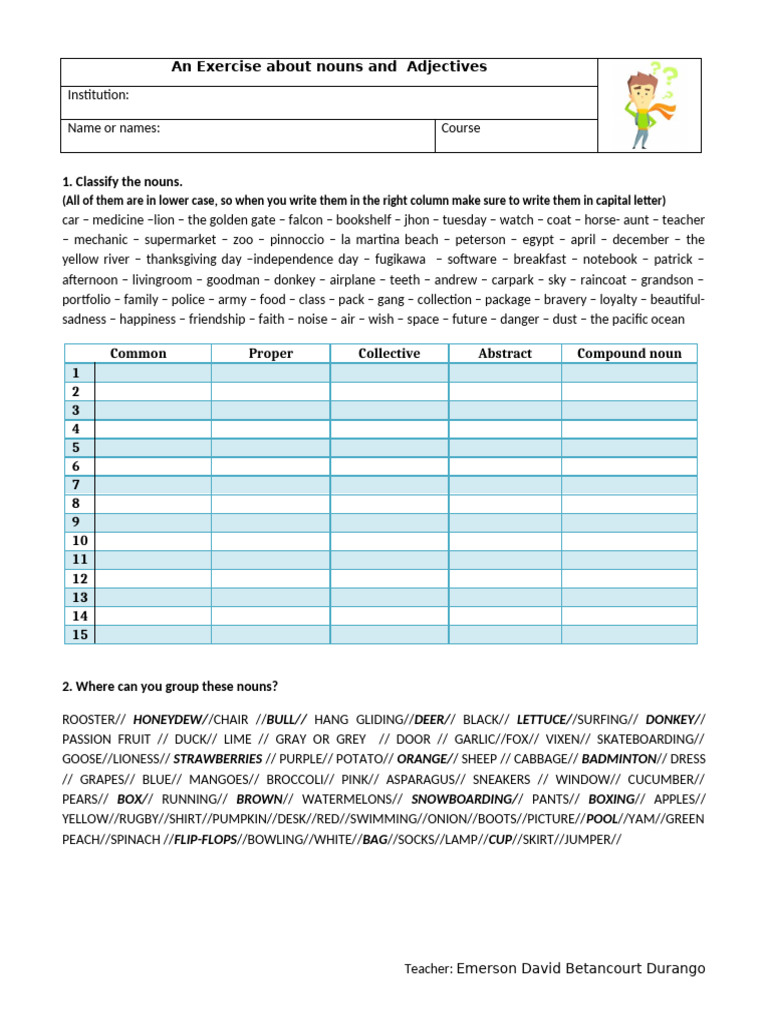 Exercise About Nouns and Adjectives Grammar Drills Tests Worksheet