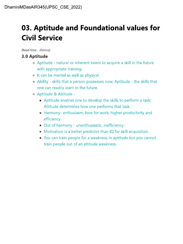 Aptitude and Foundational Values For Civil Service. | PDF