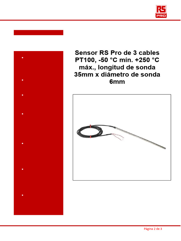 Sensor RS Pro de 3 Cables PT100, - 50 °C Mín. +250 °C Máx., Longitud de ...