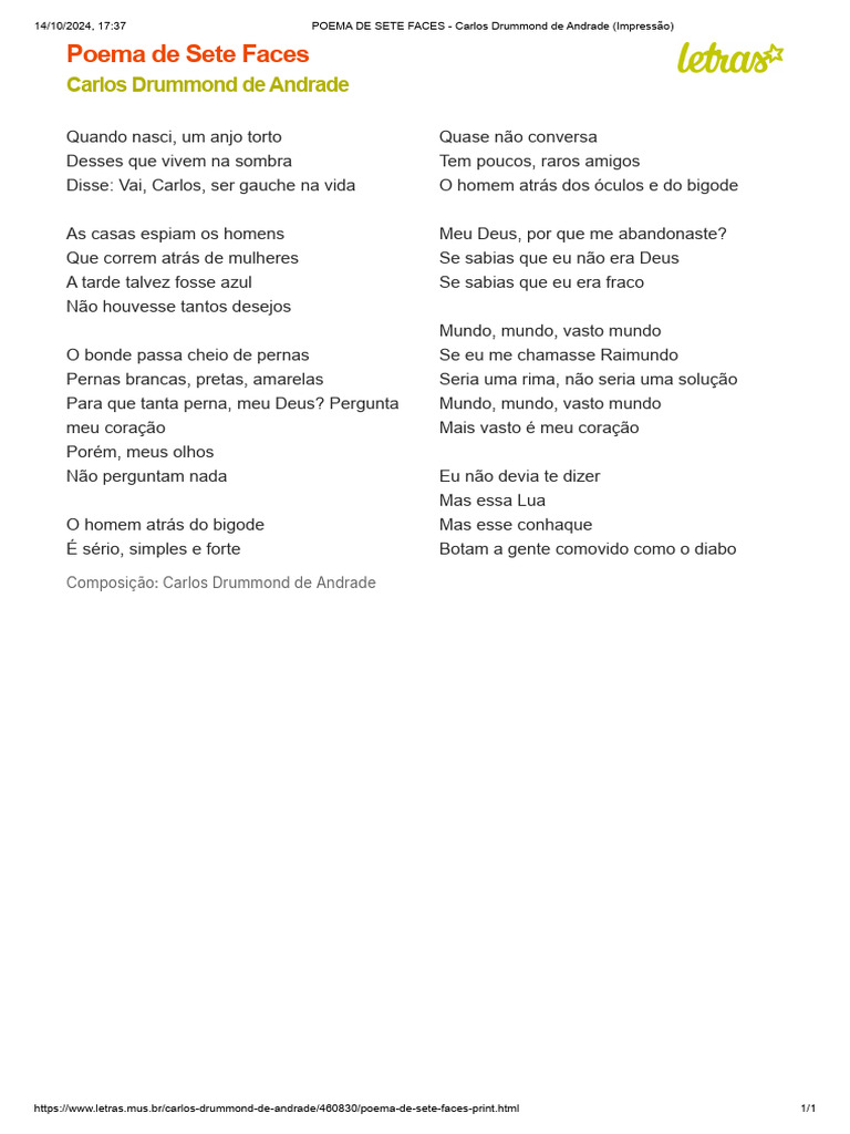 POEMA DE SETE FACES - Carlos Drummond de Andrade (Impressão) | PDF