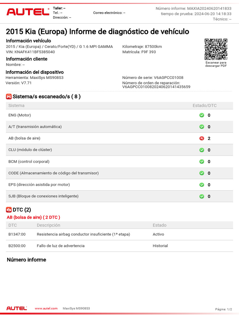 2015 Kia (Europa) Informe de Diagnóstico de Vehículo