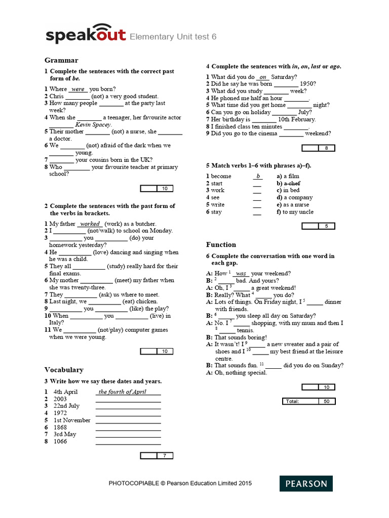 Test Speakout Elementary Unit 6 | PDF