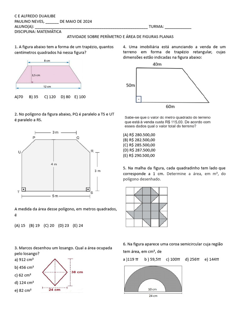 Atividade de Matemática: Perímetro e Área | PDF