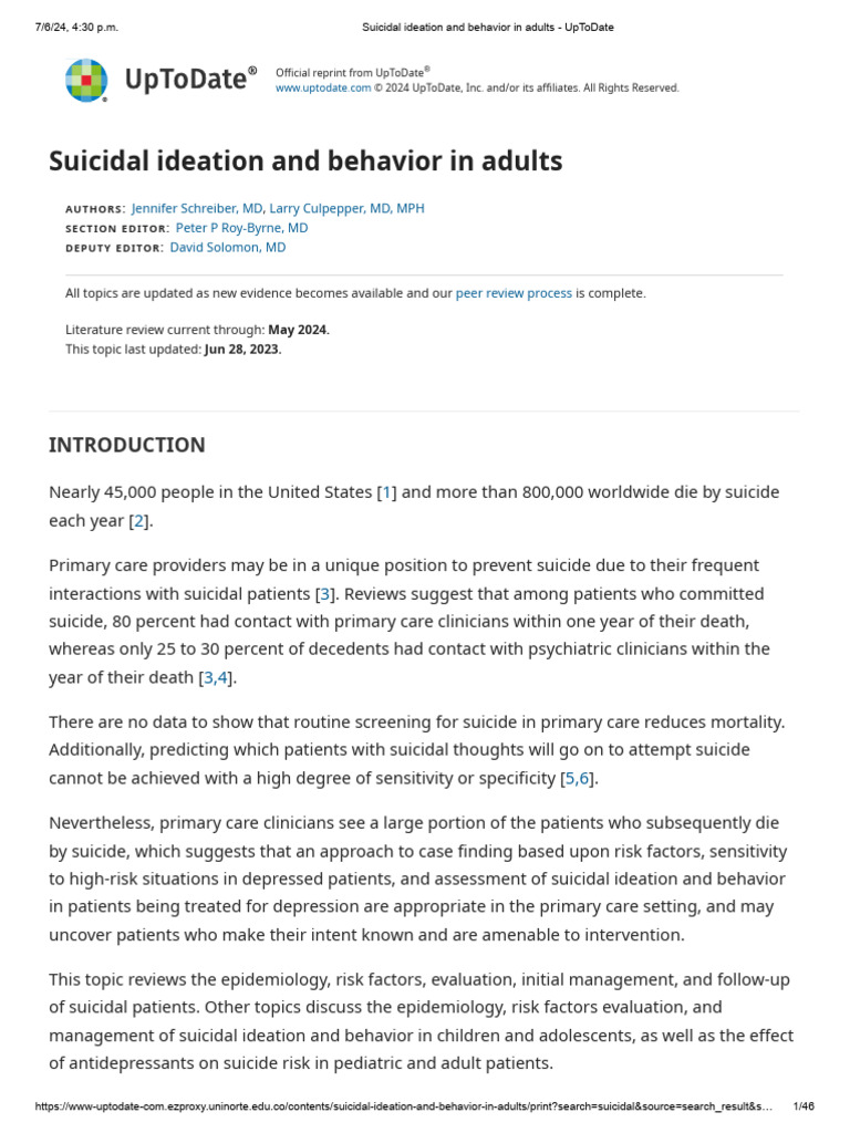 Suicidal Ideation and Behavior in Adults - UpToDate | PDF