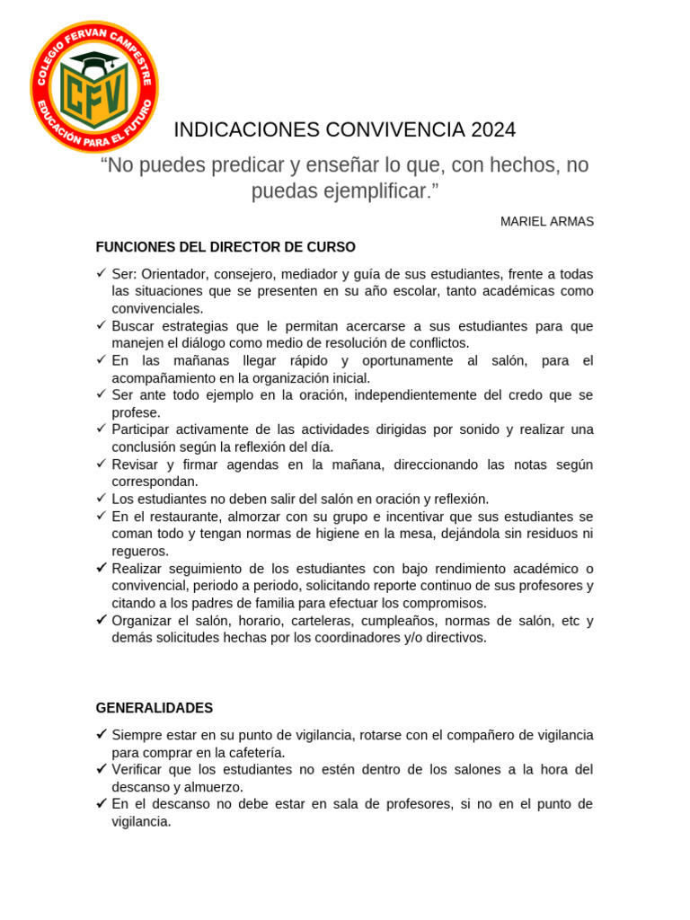 Normas de Convivencia Escolar 2024 | PDF