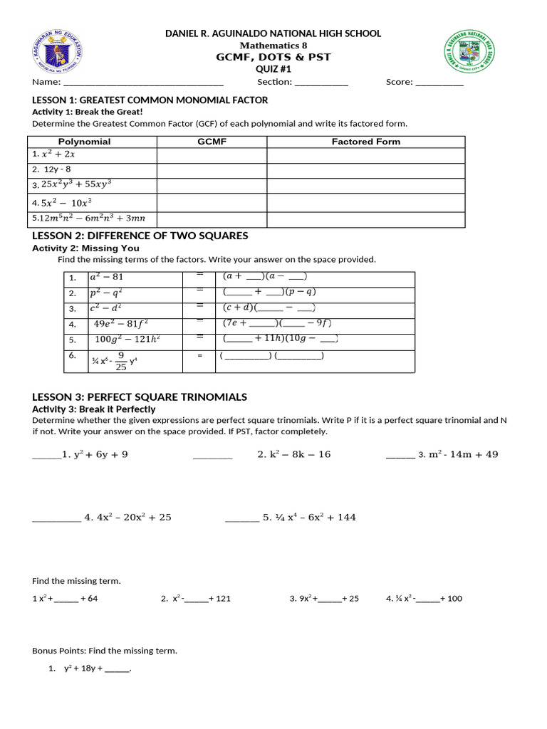 Quiz 1 GMCF, Dots, PST Gensec 2024 | PDF