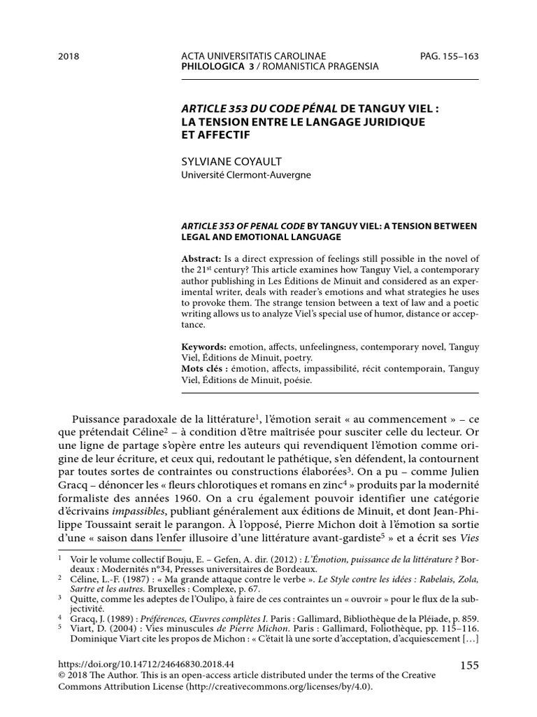 Article 353 Du Code Penal de Tanguy Viel La Tensio | PDF