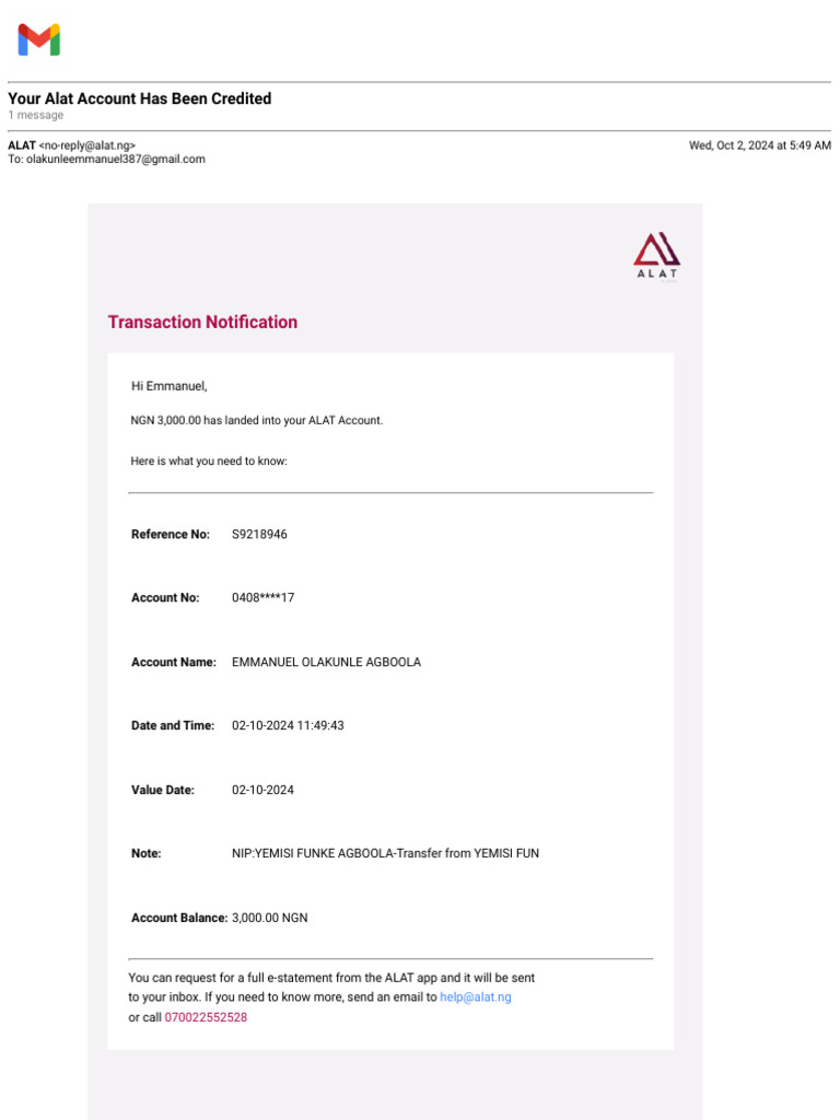 Gmail - Your Alat Account Has Been Credited | PDF
