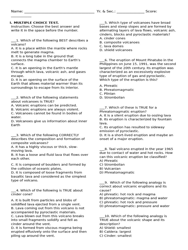 Multiple choice test pdf types of volcanic eruptions volcano