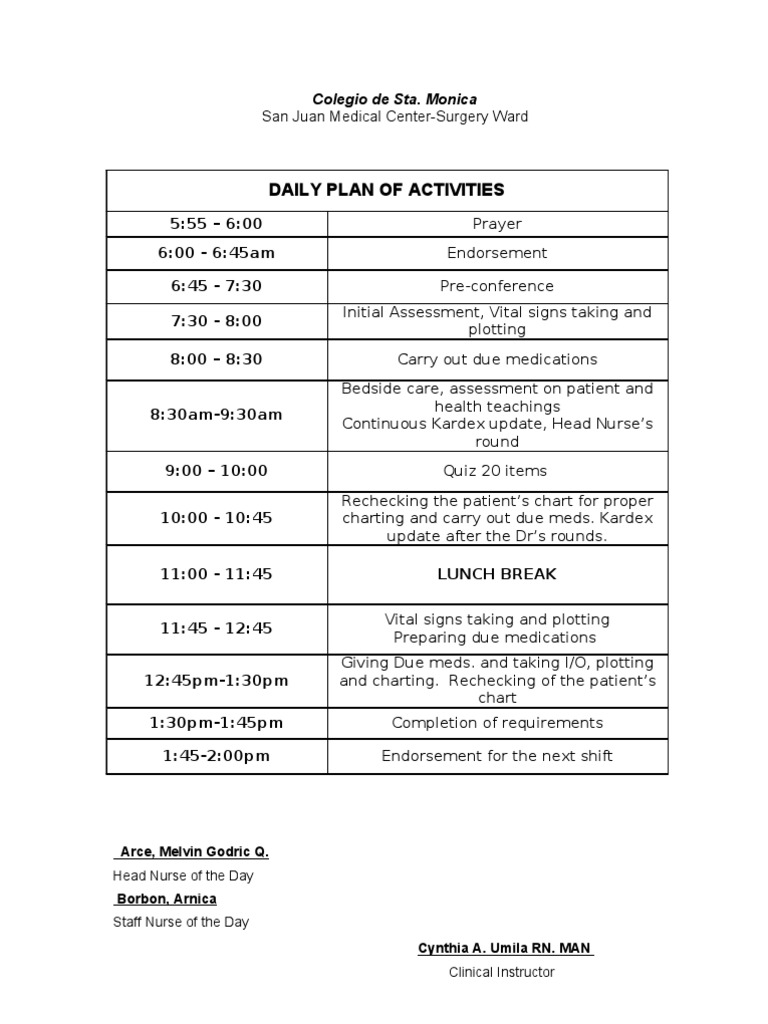 Daily Plan of Activities
