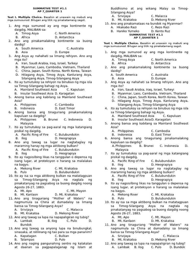 AP 7 - Summative Test Matatat - Q1 - W1 | PDF