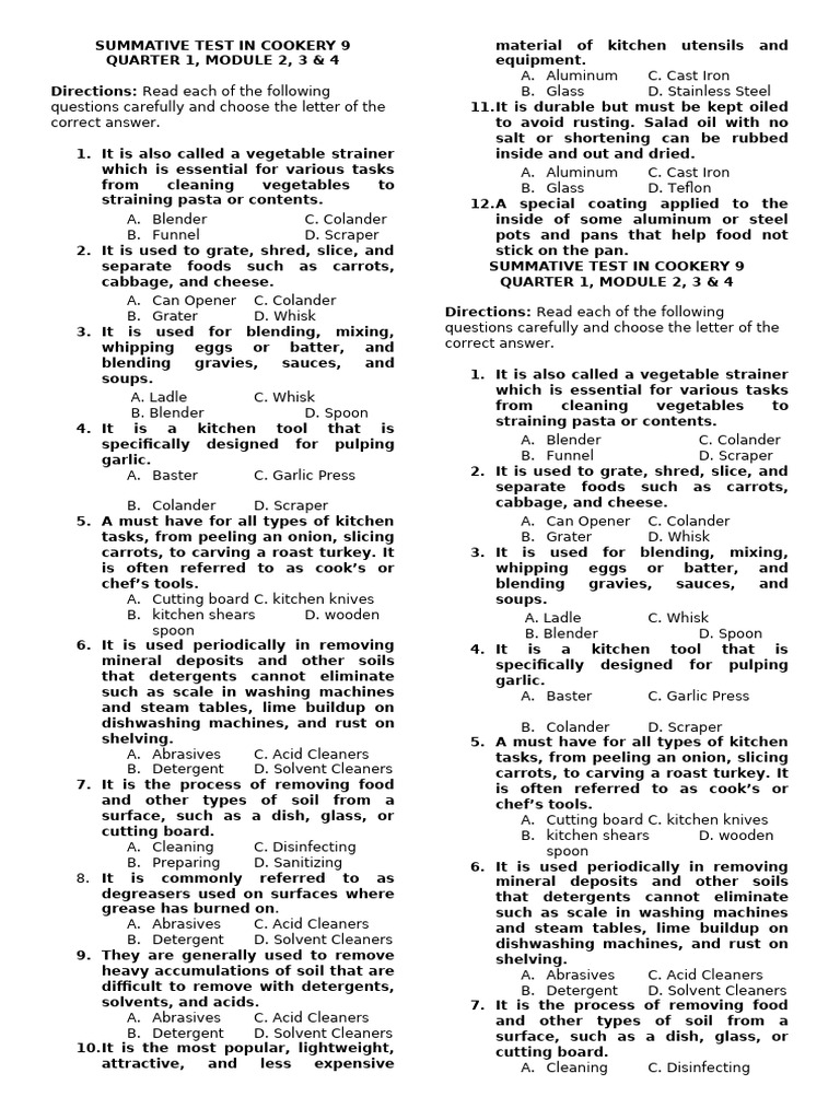 Cookery 9 Summative Test Q1 M2 Pdf