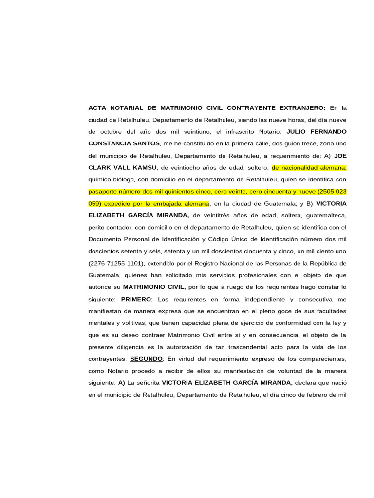 ACTA NOTARIAL DE MATRIMONIO CIVIL CONTRAYENTE EXTRANJERO CLASE # 2 | PDF