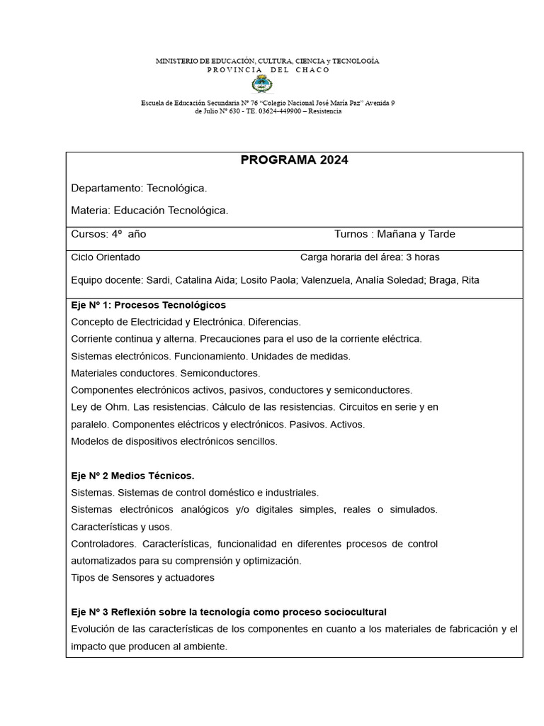 Programa 4 Año 2024-Educación Tecnológica | PDF