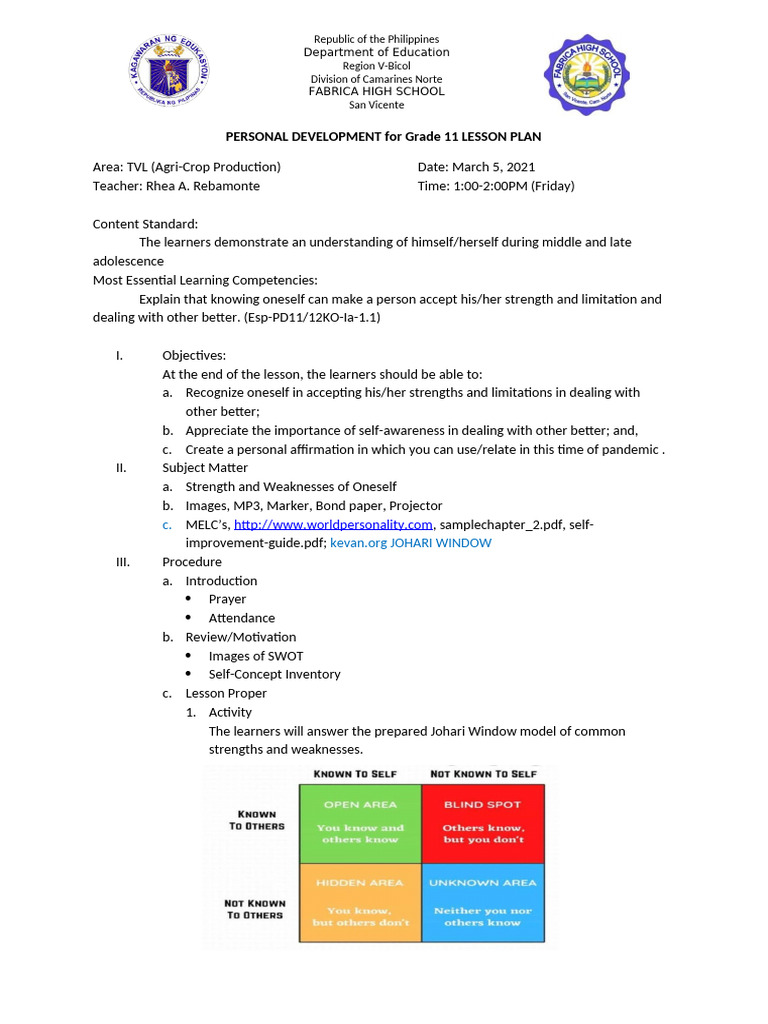 PERSONAL DEVELOPMENT For Grade 11 LESSON PLAN For DEMO | PDF