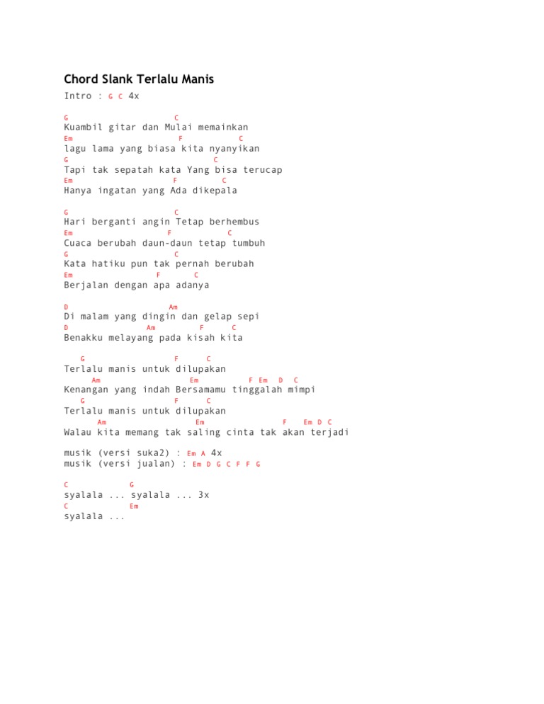Chord Slank Terlalu Manis