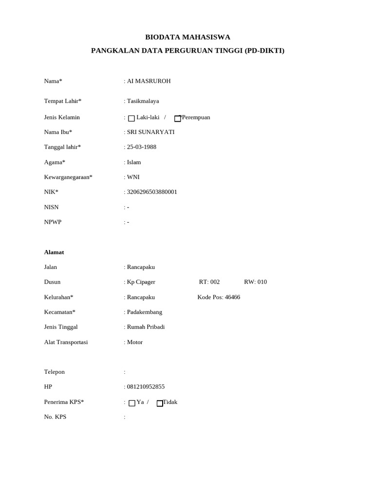 Form Biodata Lapor Diri PDPT PD Dikti | PDF