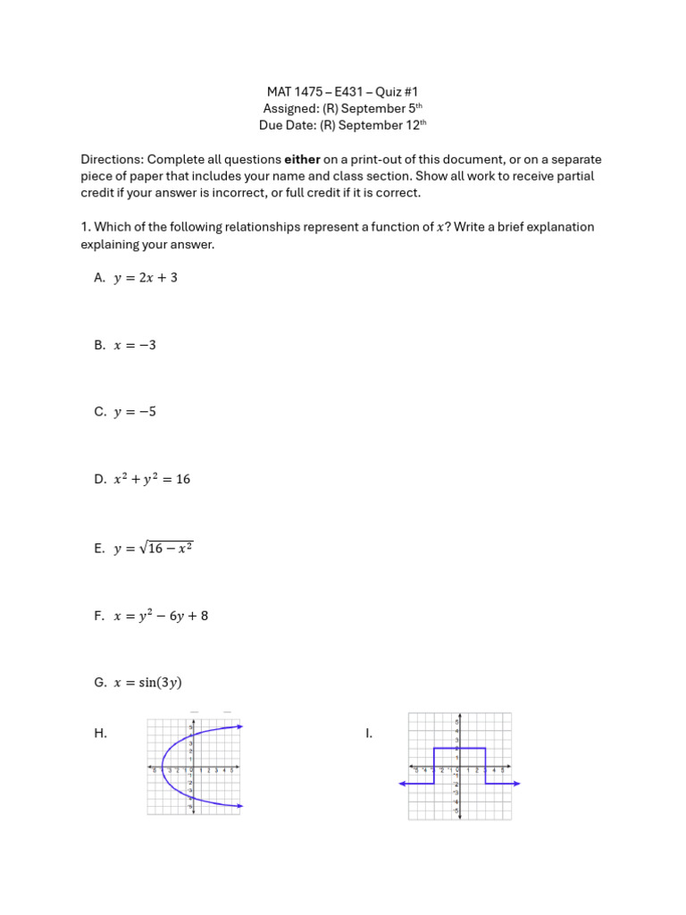 MAT 1475 E431 Quiz #1 | PDF