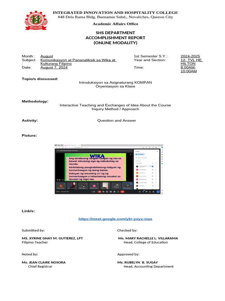 August 2024 SHS Accomplishment Report | PDF | Social Science | Wellness