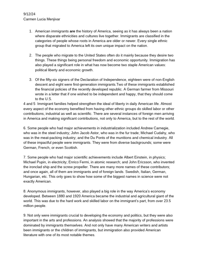 The Immigrant Contribution Summaries | PDF