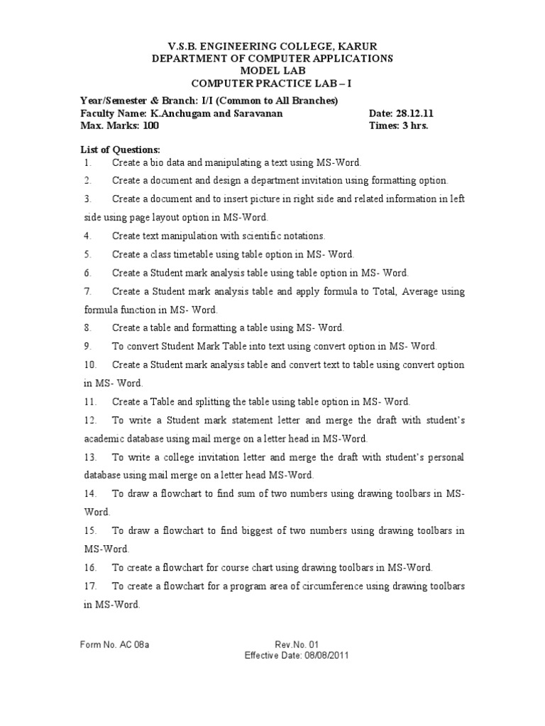 MS OFFICE Lab Question Paper Worksheet Databases